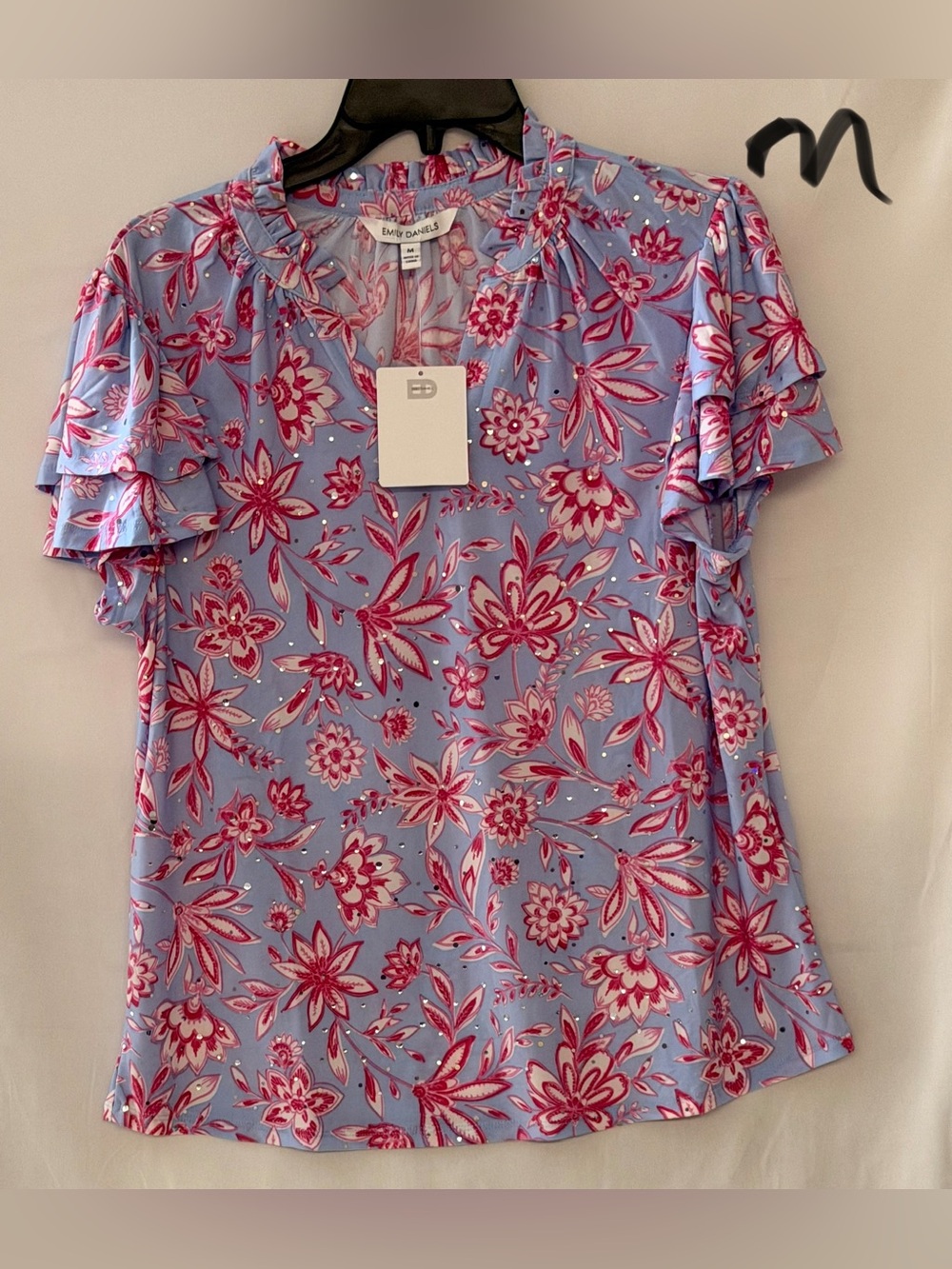 Emmy Danielle Pink Floral Ruffle Sleeve Blouse - Pink on Light Blue